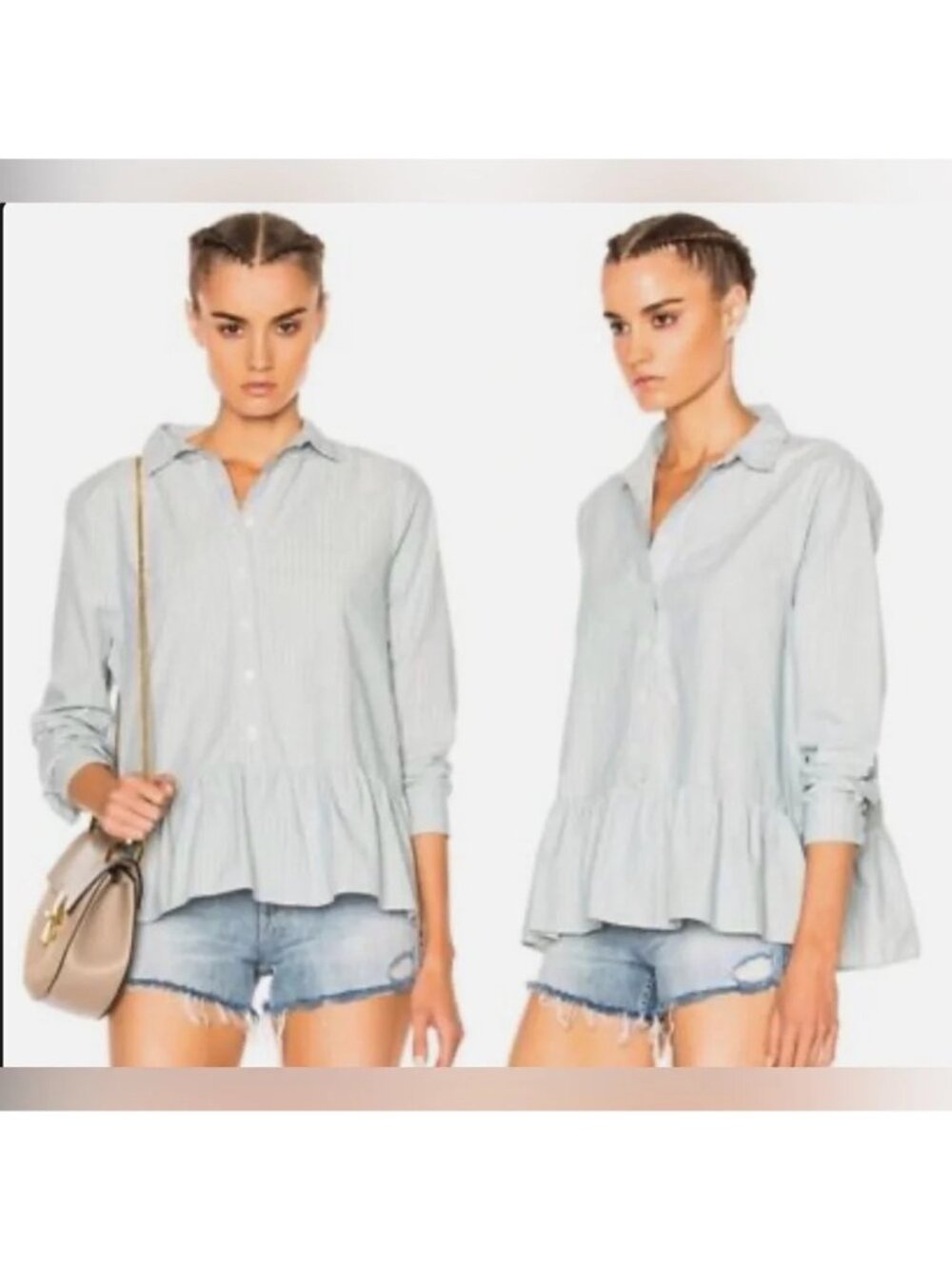The Great. Striped Peplum Cotton Button Up Shirt, Women Size 2/Medium